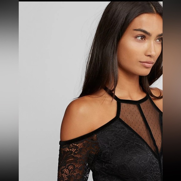 EXPRESS Lace Velvet Piped Cold Shoulder Sheath Dress BLACK Size 0 - Picture 3 of 10